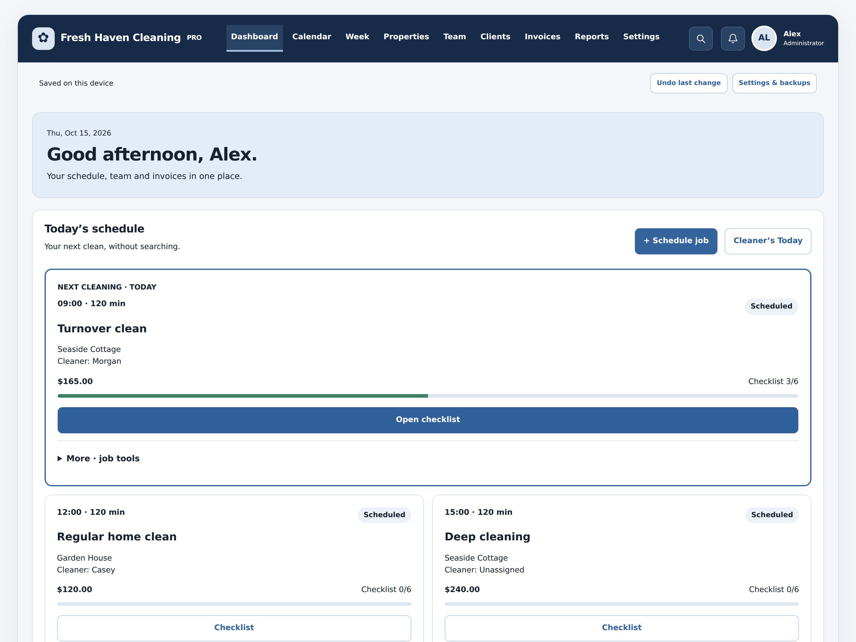 Cleaning Pro dashboard with fictional cleaning jobs